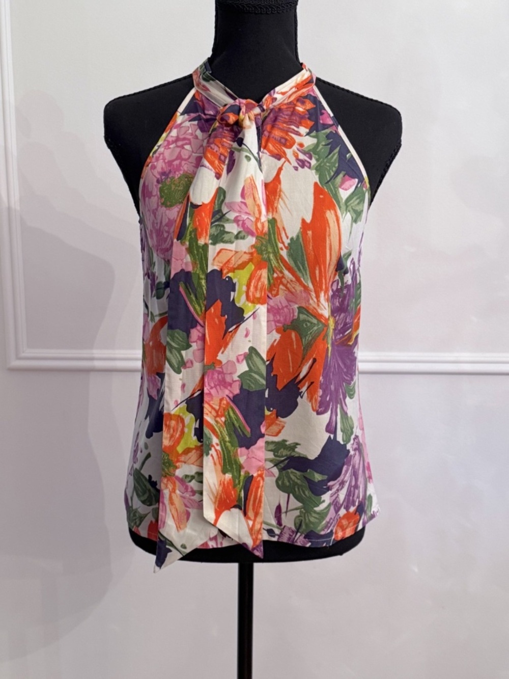 J.Crew 100% Silk Halter Blouse 00 Floral Tie Neck Keyhole Sleeveless Top EUC